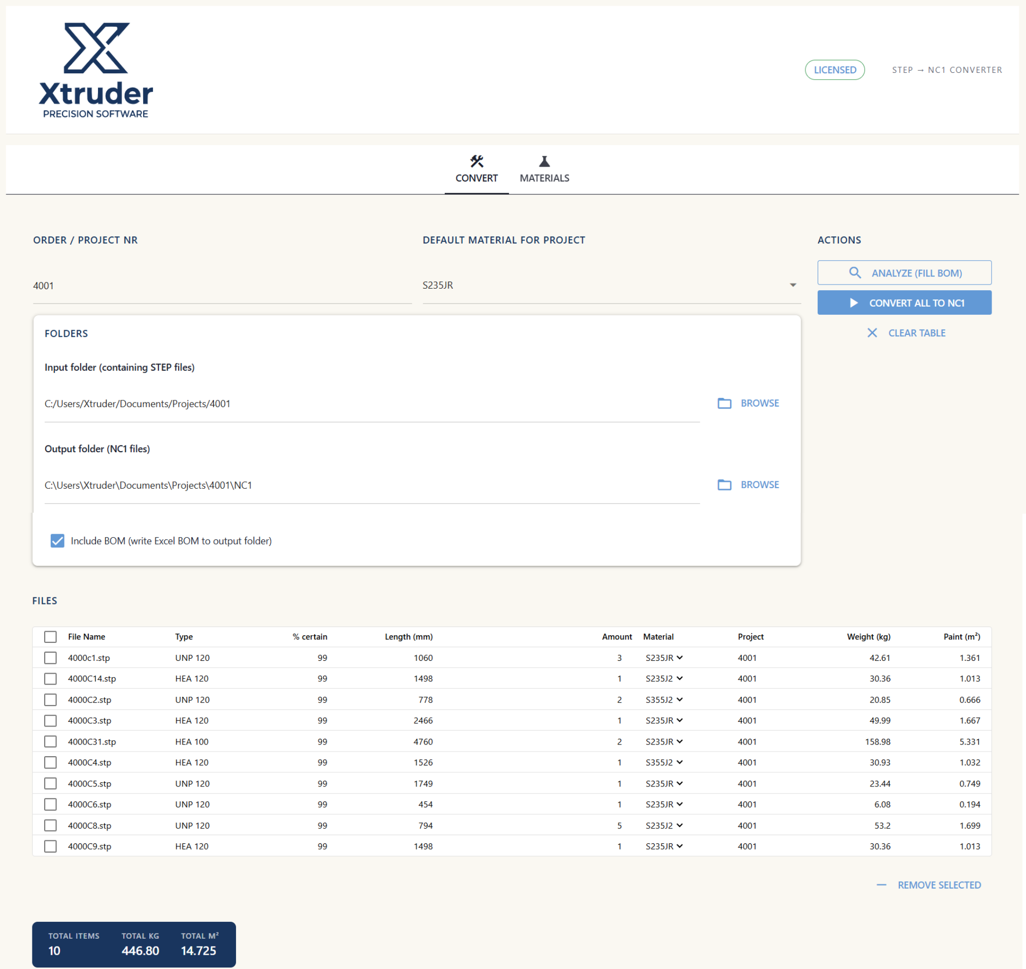 Xtruder desktop app: the Convert tab with a filled bill of materials